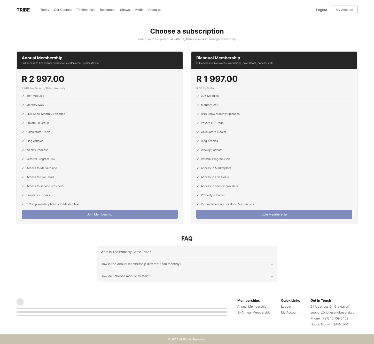 Low-fidelity wireframe of the membership pricing page, comparing Annual and Bi-Annual plans.
